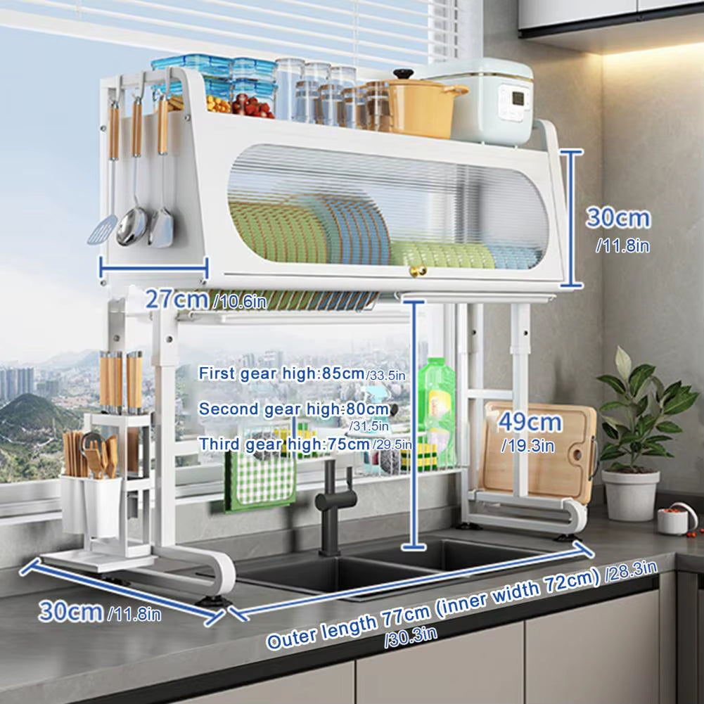 Over Sink Dish Rack Adjustable Height Sink Rack with Tableware Holder Hooks Chopping Board Holder Kitchen Storage for Drying