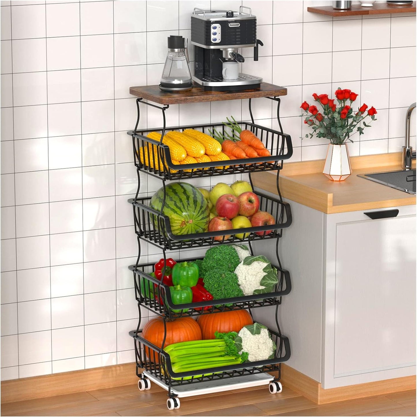 5 Tier Fruit Basket for Kitchen Organizers and Storage, Stackable Metal Wire Basket Stand Cart with Wheels for Fruit Vegetable