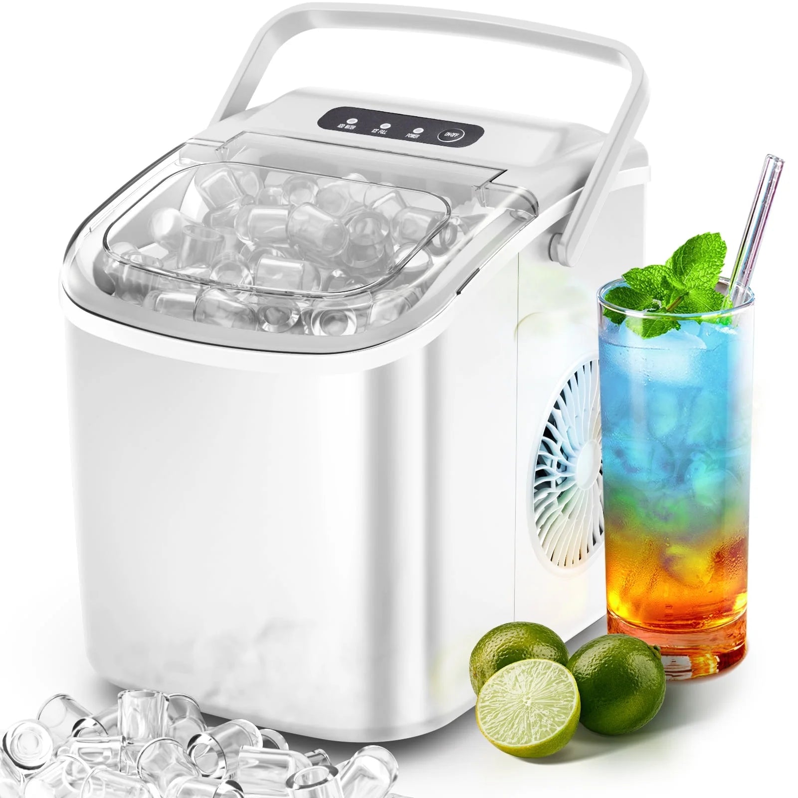 Countertop Ice Maker Machine 26Lbs/24H, 6 Mins/9 Bullets of Ice, Self-Cleaning, White
