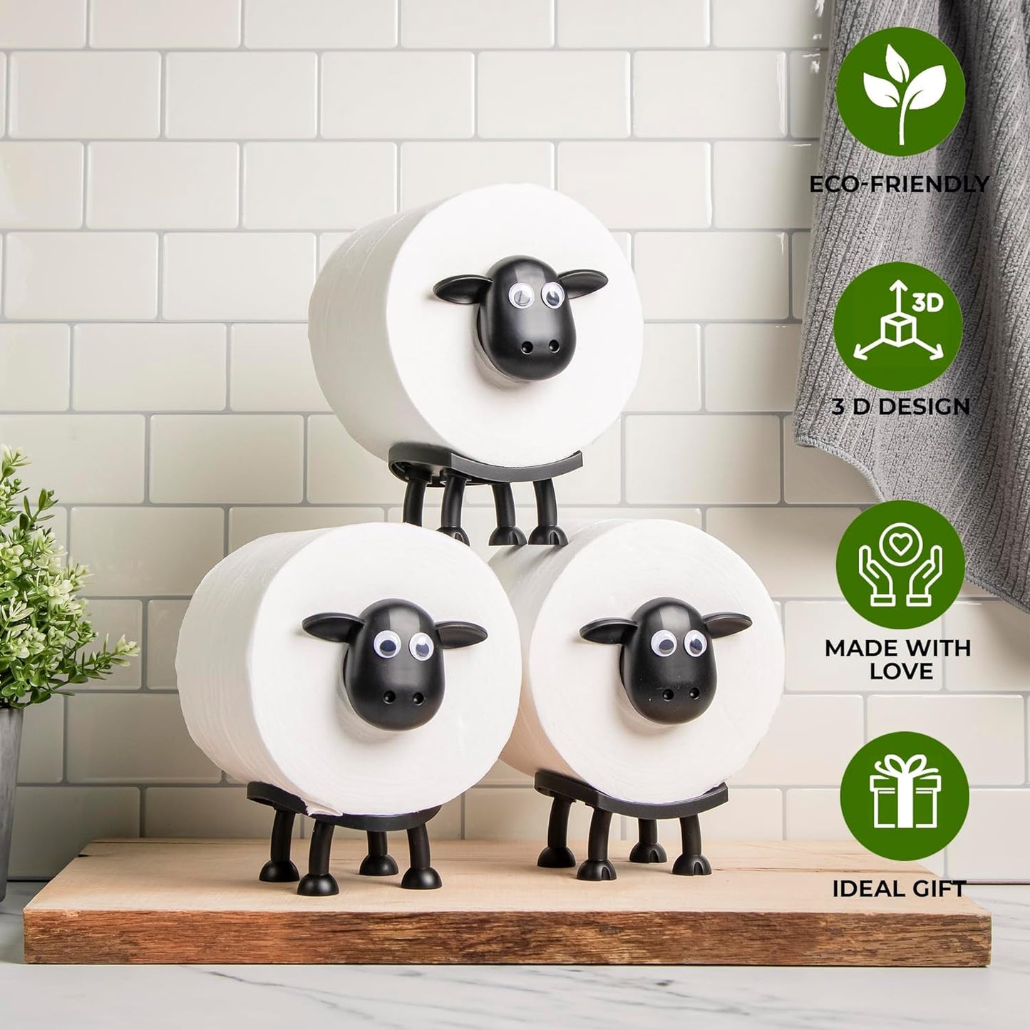 Sheep Toilet Roll Holder, Free Standing Bathroom Set, 3D Printed, Funny Hilarious Black Sheep Loo Roll Holder, Tissue Paper Storage, Cute Bathroom Decor, X3, Set of 3