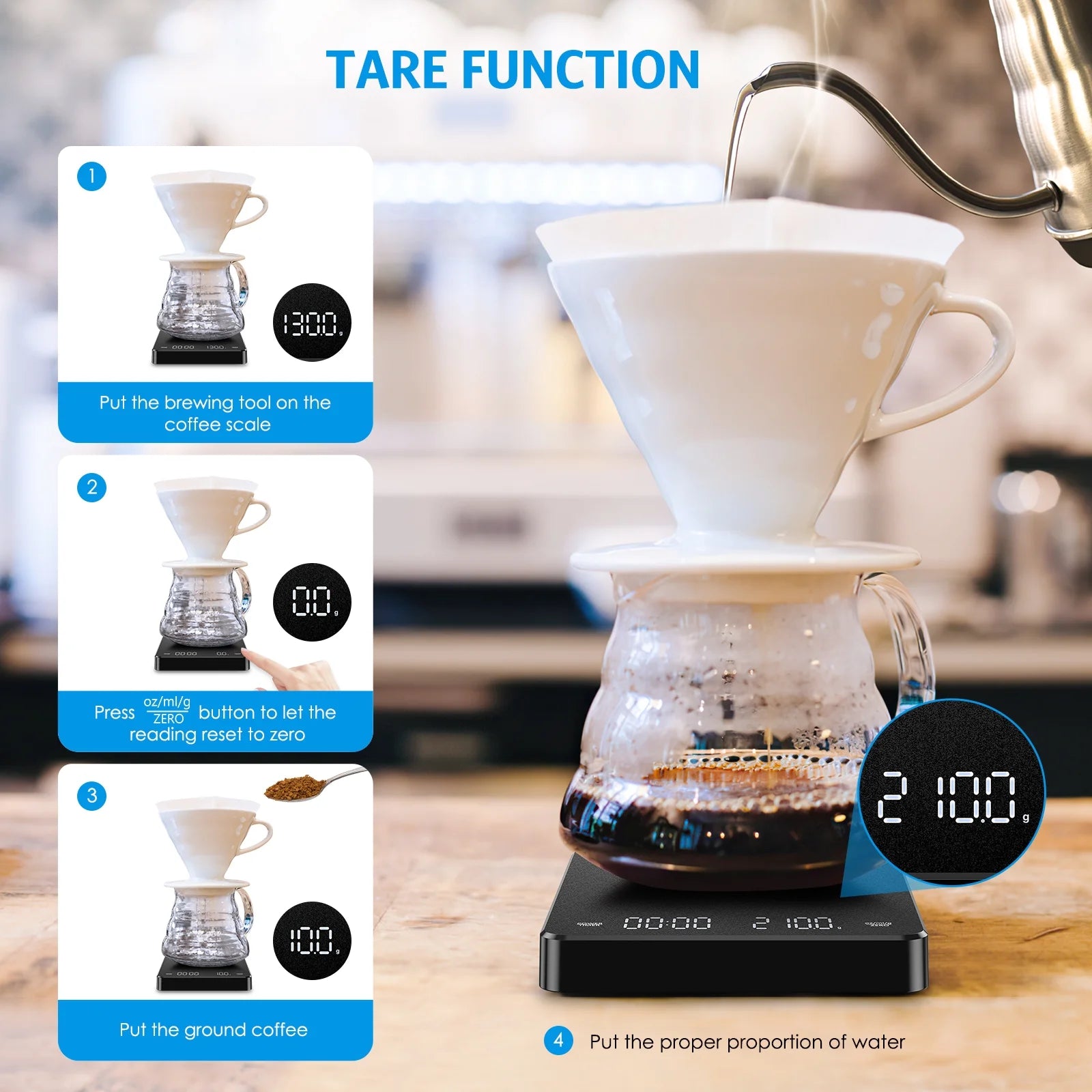 Digital Scale,  3Kg/0.1G Coffee Scale Rechargeable Pour-Over Digital Coffee Scale with Touch Sensor Precise Scale for Kitchen Home Office