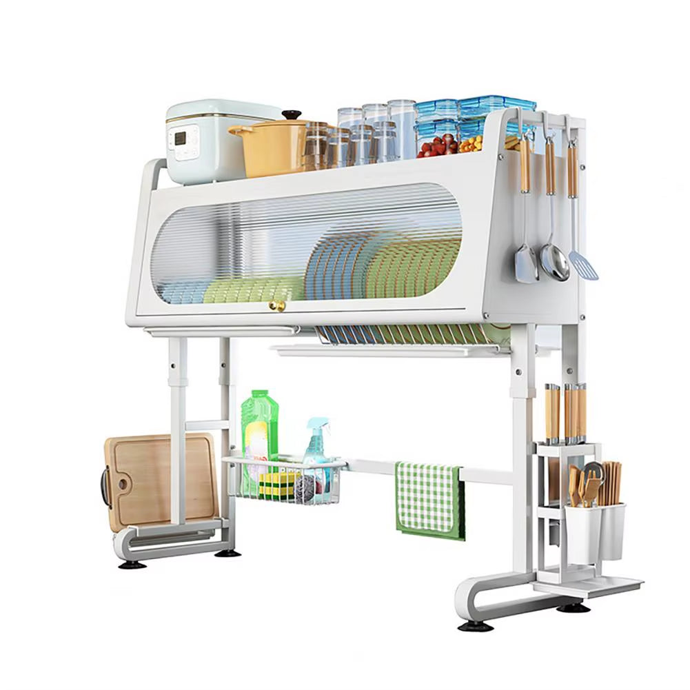 Over Sink Dish Rack Adjustable Height Sink Rack with Tableware Holder Hooks Chopping Board Holder Kitchen Storage for Drying