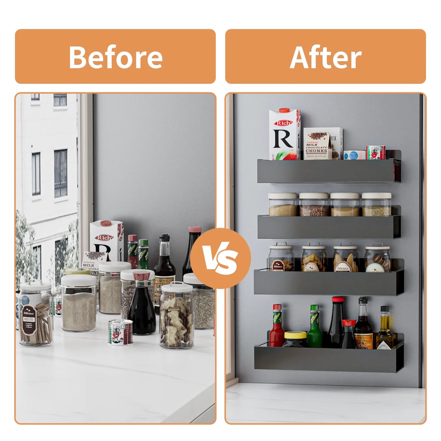 Magnetic Spice Rack Organizer, 4 Pack Moveable Fridge Spice Shelves for Refrigerator and Oven, Refrigerator Shelf-Black