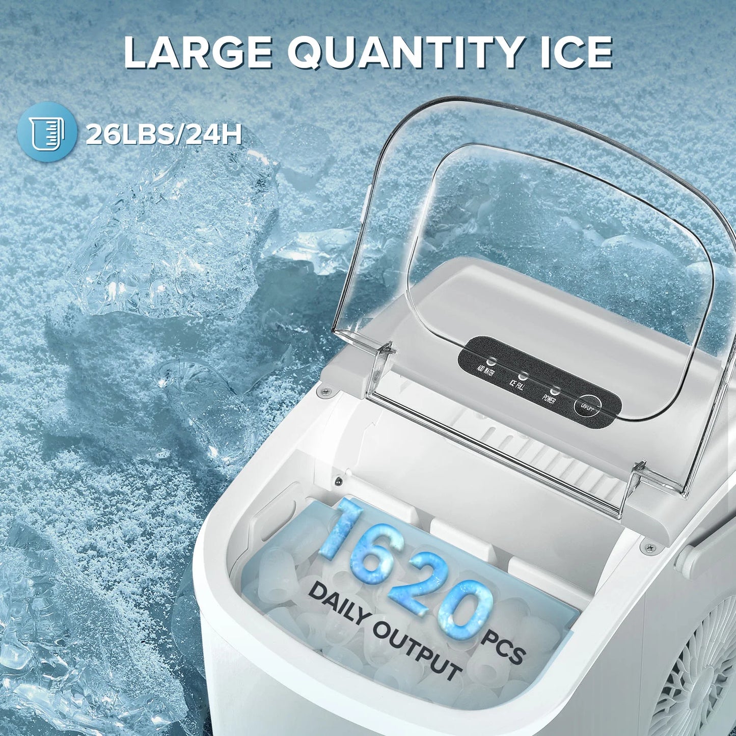 Countertop Ice Maker Machine 26Lbs/24H, 6 Mins/9 Bullets of Ice, Self-Cleaning, White