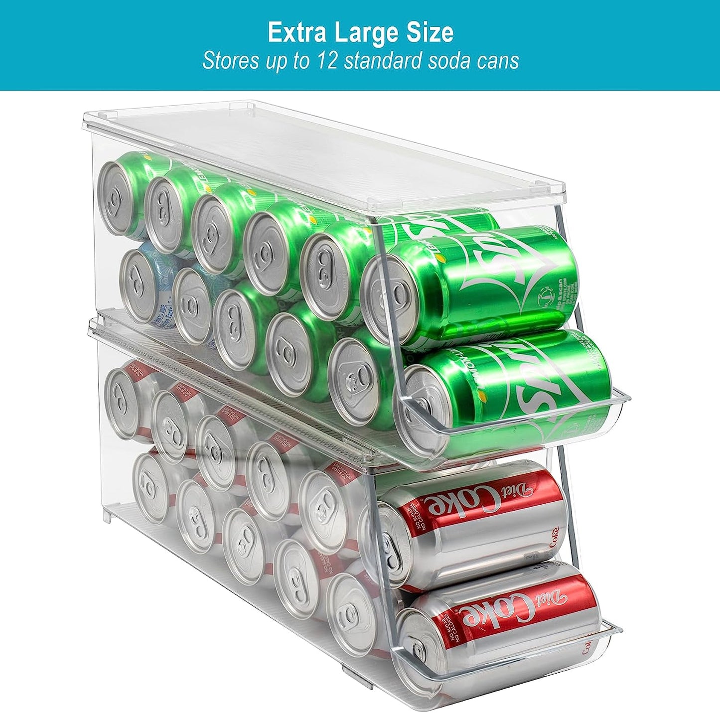 Soda Can Organizer for Refrigerator Stackable Can Holder Dispenser with Lid for Fridge, Pantry, Freezer – Holds 12 Cans Each, Bpa-Free, Clear Design, (2-Pack)