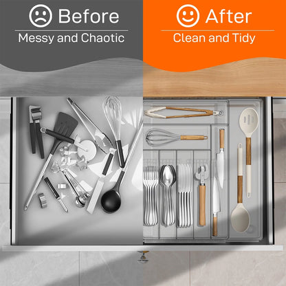 Silverware Drawer Organizer, Expandable Clear Acrylic Silverware Organizer, Kitchen Drawer Organizer for Utensils, Adjustable Cutlery Tray, Office, Supplies-9 Compartments, Large, Clear