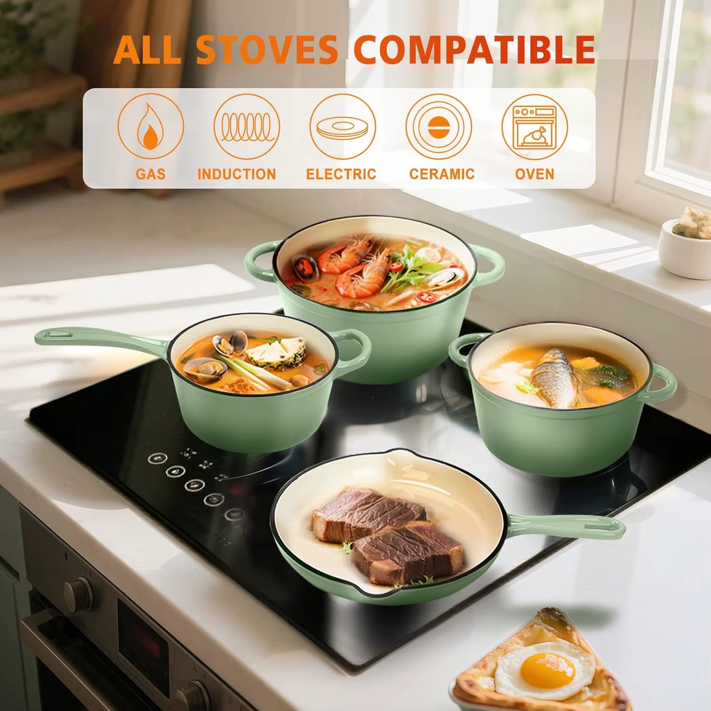 Cast Iron Cookware Set, 7 Piece Enamel Cast Iron Set, Sauce Pan, Skillet, Dutch Oven Set, Ceramic Cookware Set, Pots and Pans Se