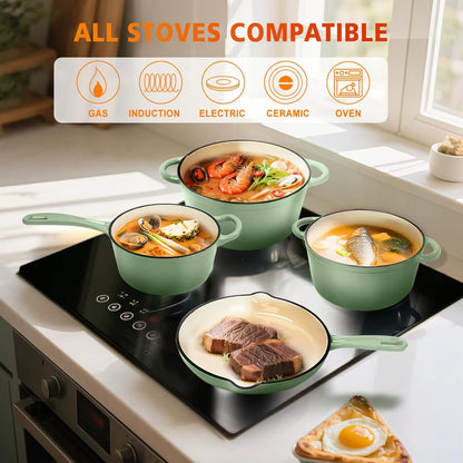 Cast Iron Cookware Set, 7 Piece Enamel Cast Iron Set, Sauce Pan, Skillet, Dutch Oven Set, Ceramic Cookware Set, Pots and Pans Se