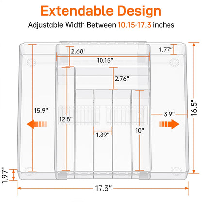 Silverware Drawer Organizer, Expandable Clear Acrylic Silverware Organizer, Kitchen Drawer Organizer for Utensils, Adjustable Cutlery Tray, Office, Supplies-9 Compartments, Large, Clear