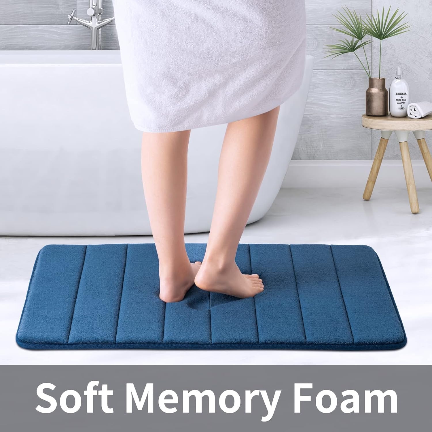Memory Foam Bath Mat 20' X 32', Water Absorbent Shower Mat, Thick Non Slip Bath Rugs with PVC Backing, Ultra Soft Bath Rugs for Floor & Tub, Navy