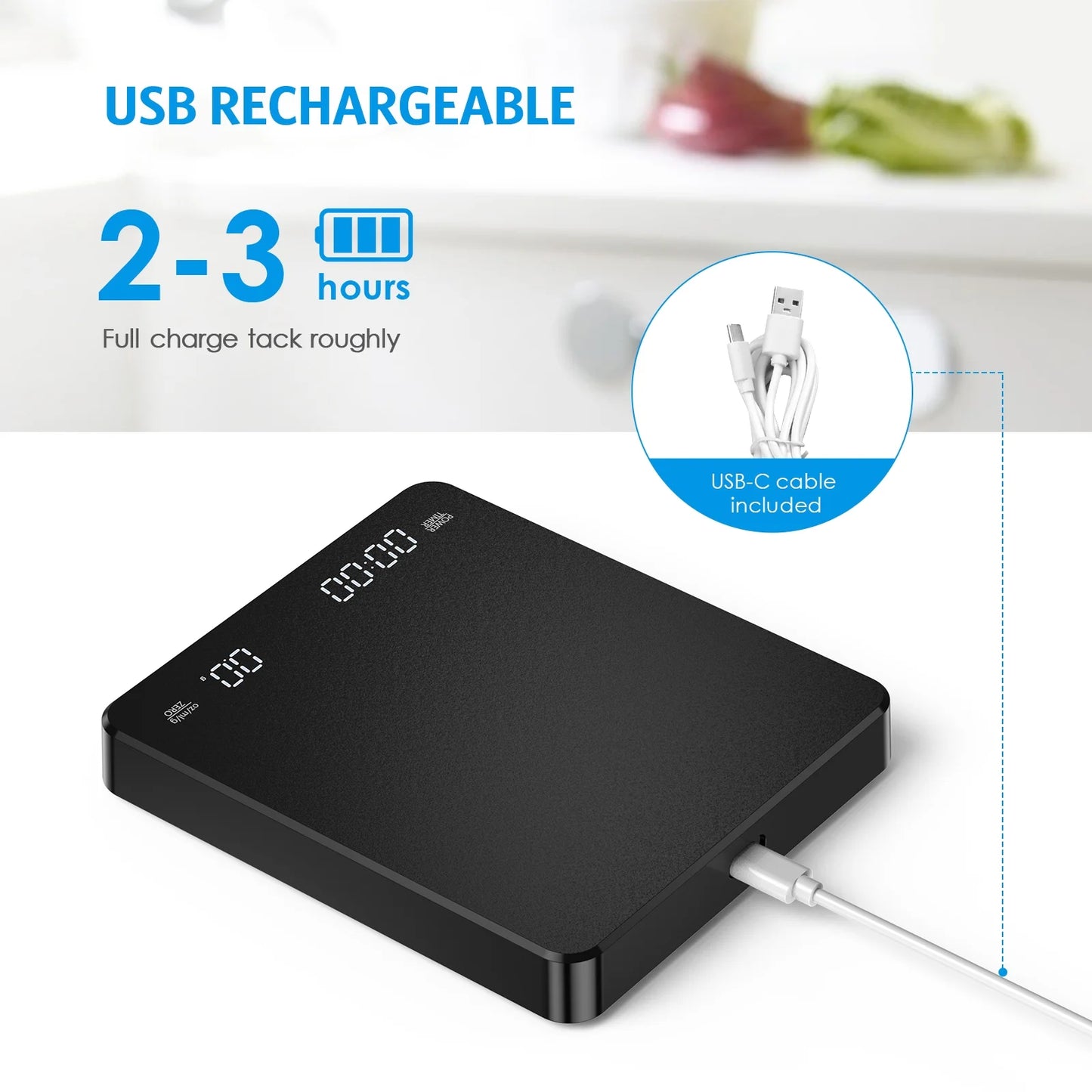 Digital Scale,  3Kg/0.1G Coffee Scale Rechargeable Pour-Over Digital Coffee Scale with Touch Sensor Precise Scale for Kitchen Home Office