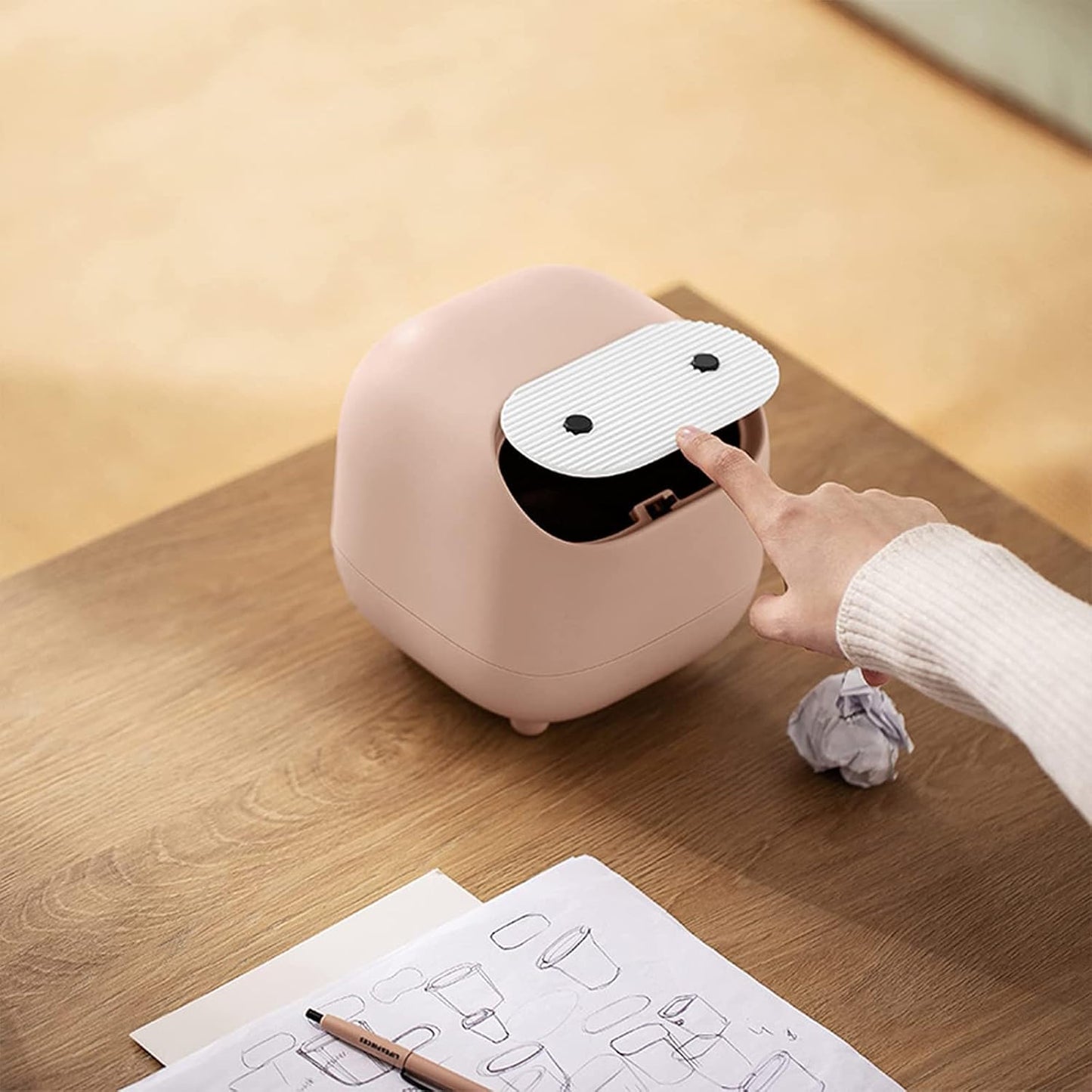 Mini Trash Can with Lid, Cute Ninja Desktop Trash Cans, Small Trash Can Office Plastic Garbage Can for Bathroom Vanity, Desktop, Office or Coffee Table (Pink)