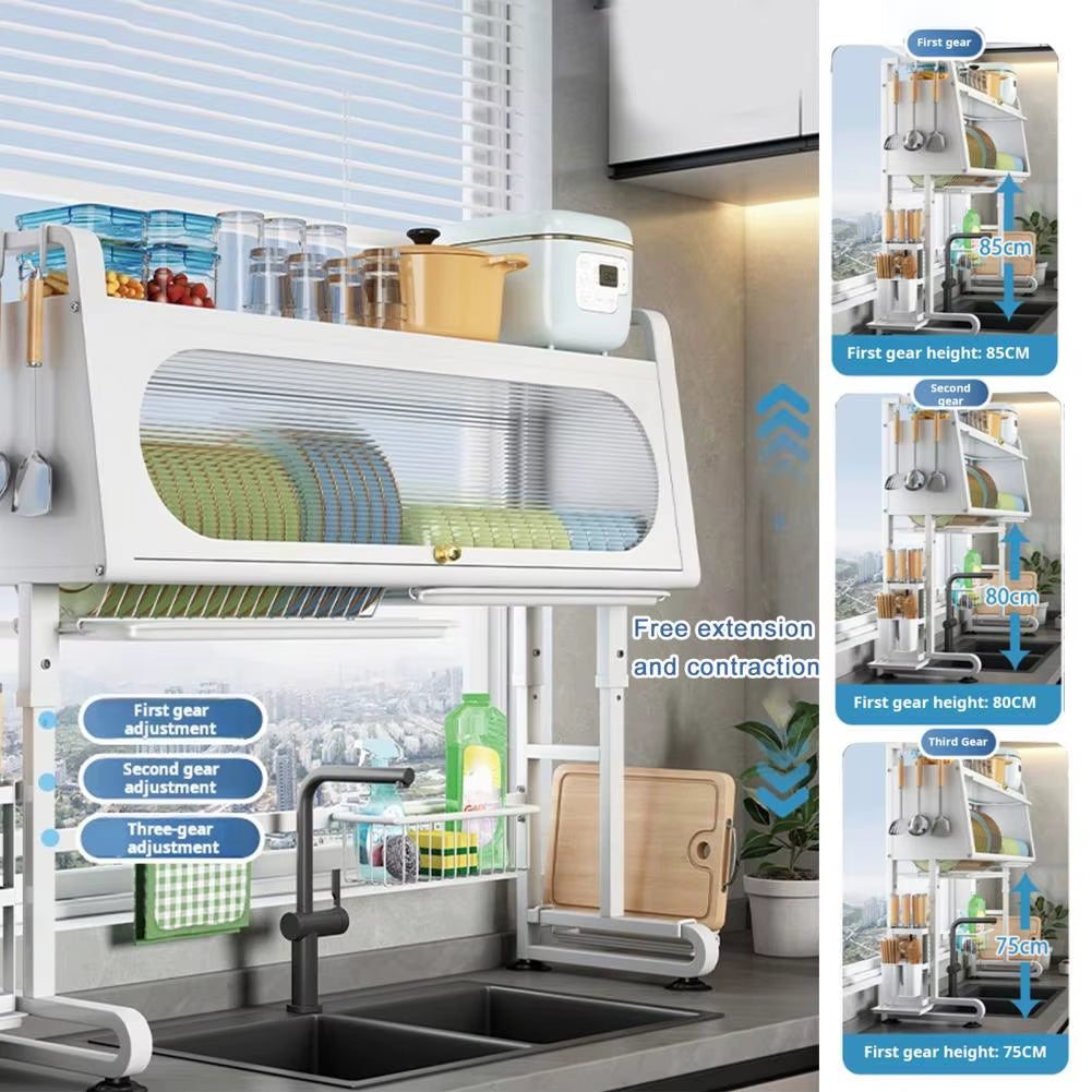 Over Sink Dish Rack Adjustable Height Sink Rack with Tableware Holder Hooks Chopping Board Holder Kitchen Storage for Drying