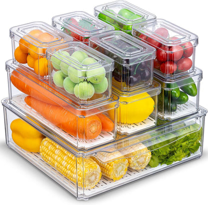 10-Pack Clear Fridge Organizer Bins with Lids, Stackable Refrigerator Storage Containers, Bpa-Free with Drain Tray & Anti-Slip Base for Fruits, Veggies, Drinks