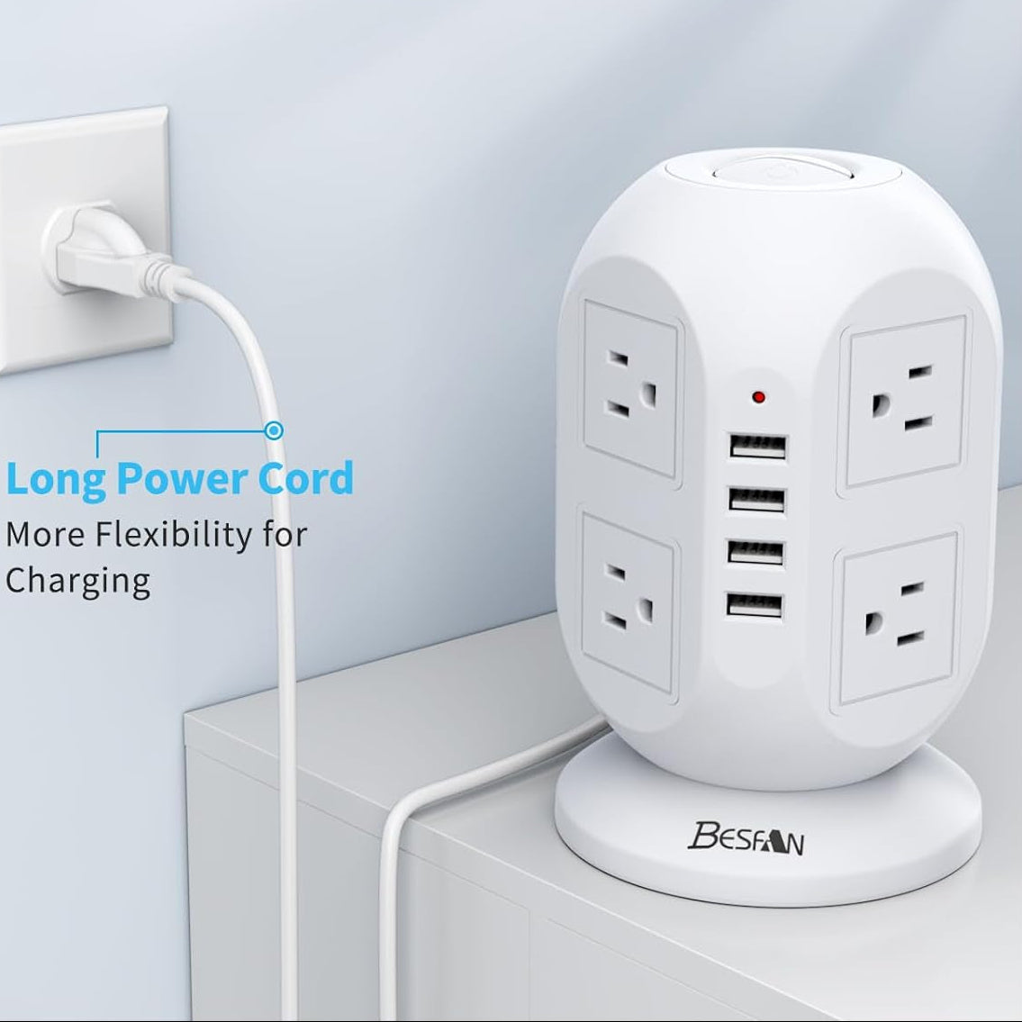 Tower Surge Protector Power Strip,  10 Ft Extension Cord with Multiple Outlets, 1050J Surge Protector, 8 Outlets 4 USB Ports Charging Station for Home Office Supplies Desk Accessories