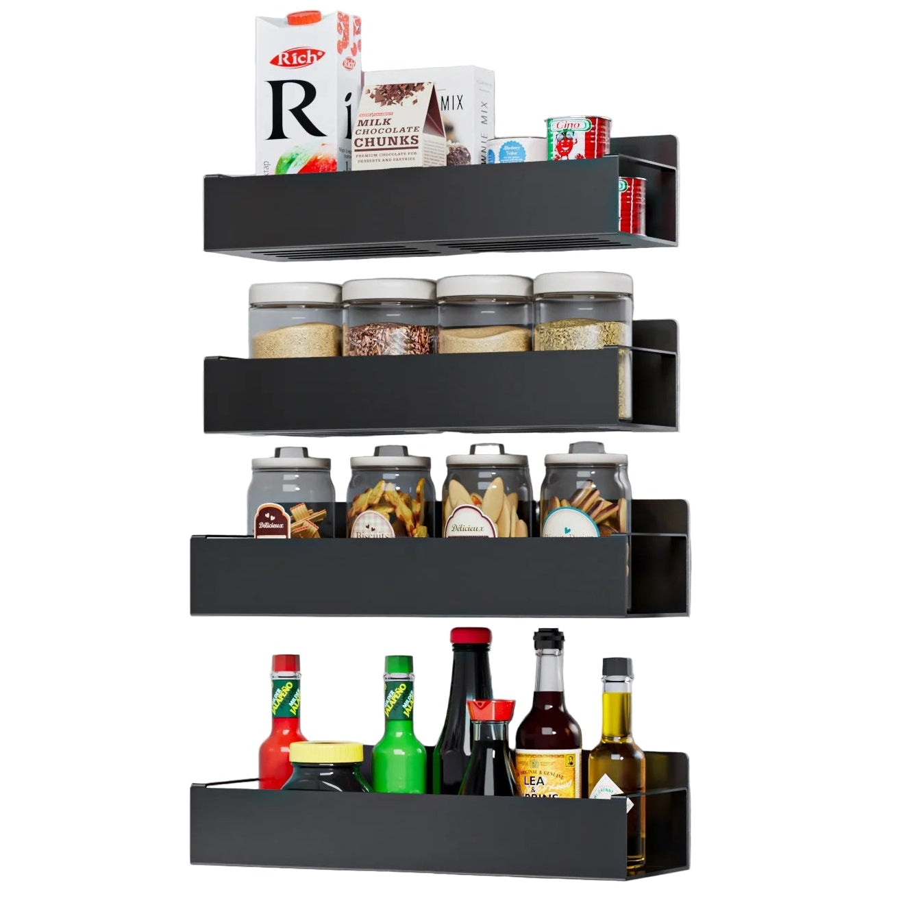 Magnetic Spice Rack Organizer, 4 Pack Moveable Fridge Spice Shelves for Refrigerator and Oven, Refrigerator Shelf-Black