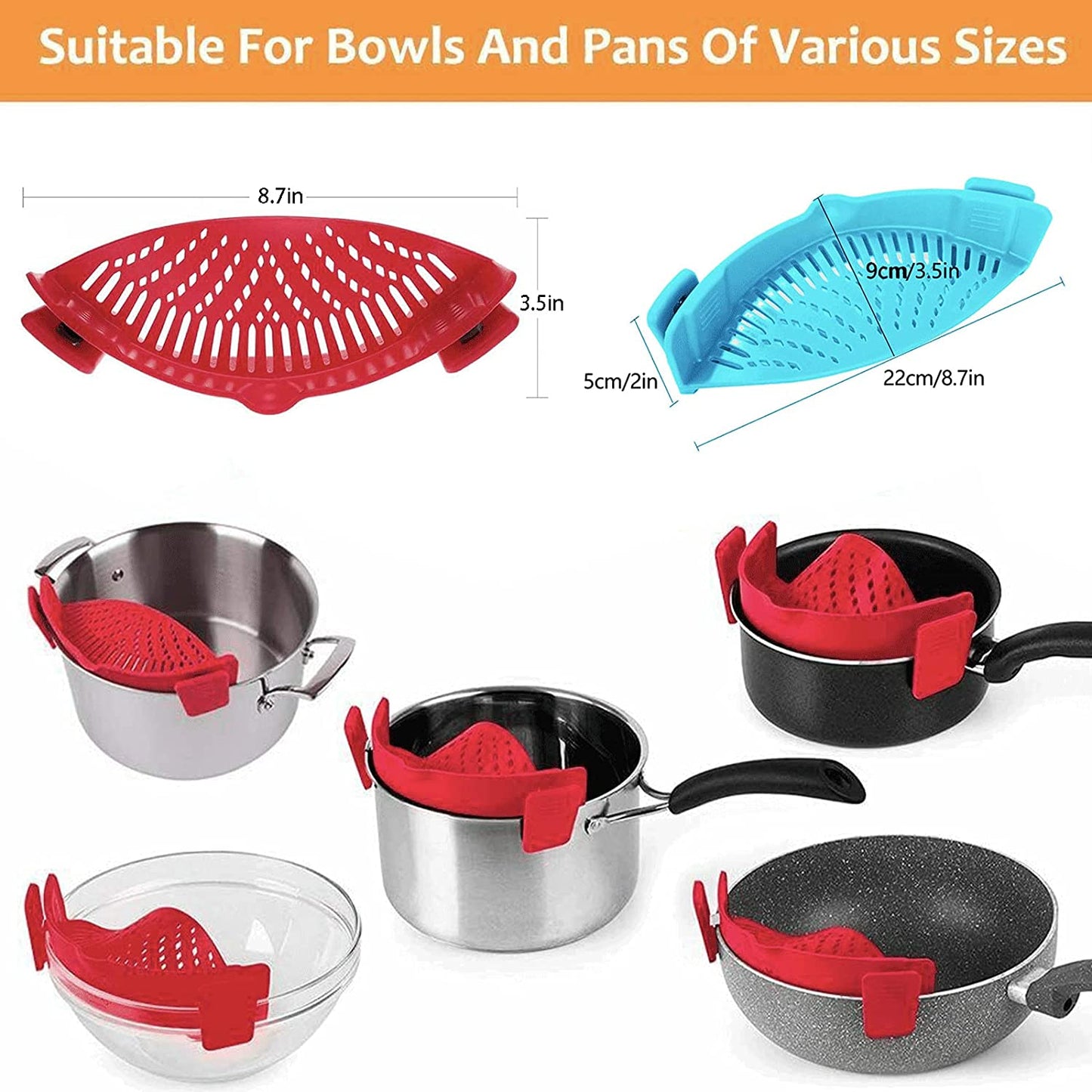 2 Pcs Clip on Strainers, Pot Strainer for Pasta Meat Vegetables Fruit, Silicone Strainer - Fit All Pots and Bowls.