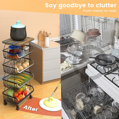 5 Tier Fruit Basket for Kitchen Organizers and Storage, Stackable Metal Wire Basket Stand Cart with Wheels for Fruit Vegetable