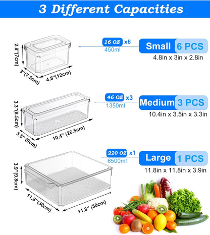 10-Pack Clear Fridge Organizer Bins with Lids, Stackable Refrigerator Storage Containers, Bpa-Free with Drain Tray & Anti-Slip Base for Fruits, Veggies, Drinks
