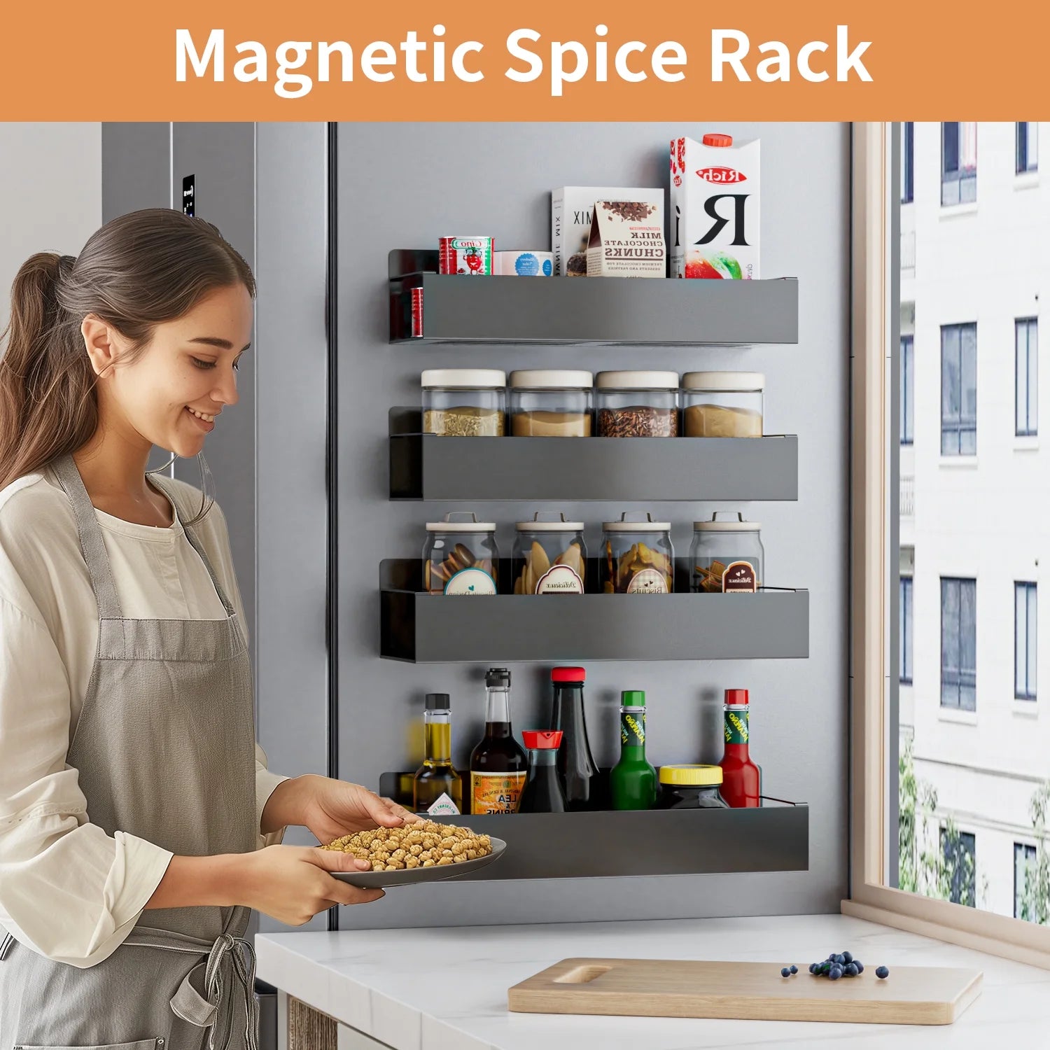 Magnetic Spice Rack Organizer, 4 Pack Moveable Fridge Spice Shelves for Refrigerator and Oven, Refrigerator Shelf-Black