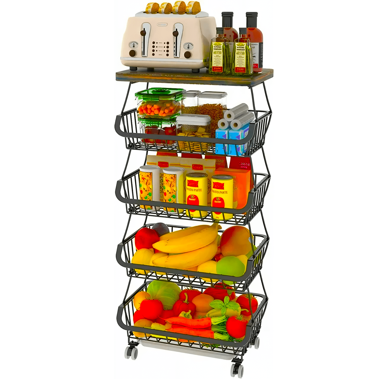 5 Tier Fruit Basket for Kitchen Organizers and Storage, Stackable Metal Wire Basket Stand Cart with Wheels for Fruit Vegetable