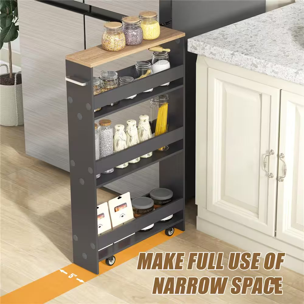 Rolling Kitchen Gray Slim Storage Kitchen Cart Mobile Shelving Organizer with Handle