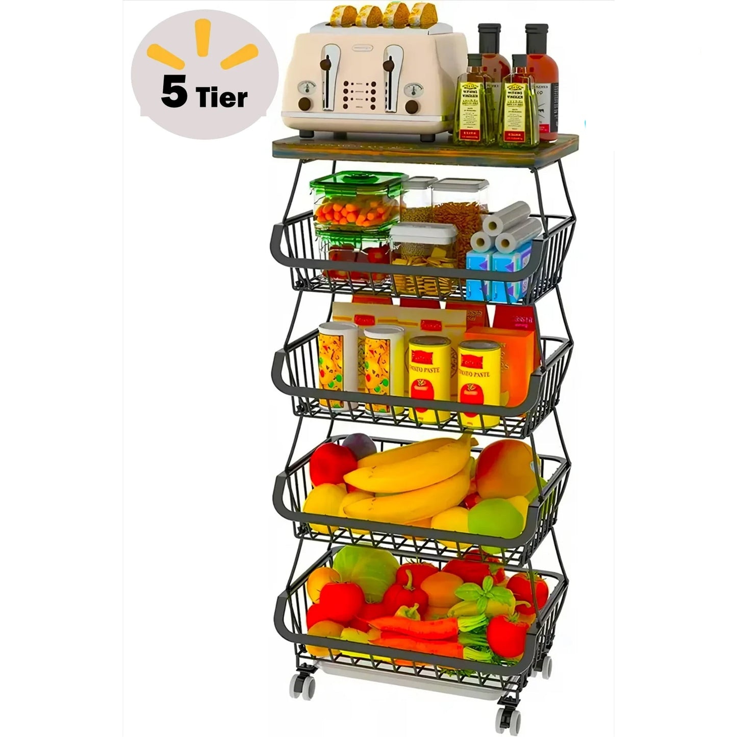 5 Tier Fruit Basket for Kitchen Organizers and Storage, Stackable Metal Wire Basket Stand Cart with Wheels for Fruit Vegetable