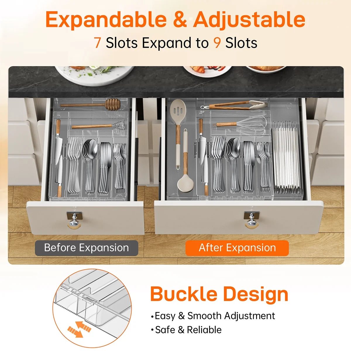 Silverware Drawer Organizer, Expandable Clear Acrylic Silverware Organizer, Kitchen Drawer Organizer for Utensils, Adjustable Cutlery Tray, Office, Supplies-9 Compartments, Large, Clear