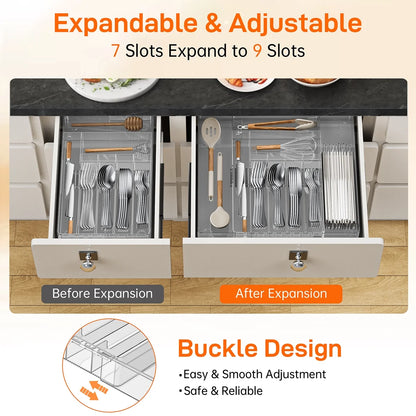 Silverware Drawer Organizer, Expandable Clear Acrylic Silverware Organizer, Kitchen Drawer Organizer for Utensils, Adjustable Cutlery Tray, Office, Supplies-9 Compartments, Large, Clear