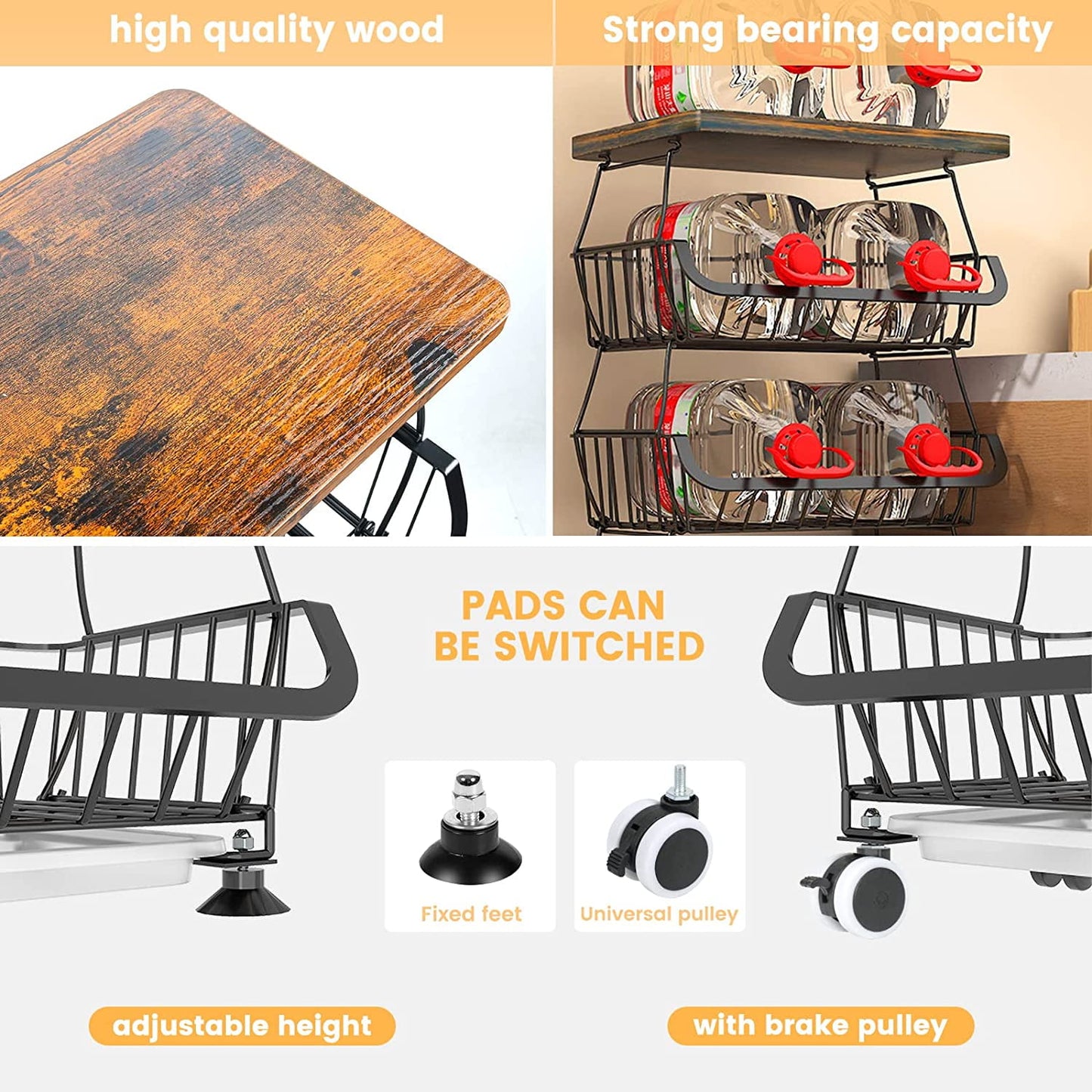 5 Tier Fruit Basket for Kitchen Organizers and Storage, Stackable Metal Wire Basket Stand Cart with Wheels for Fruit Vegetable