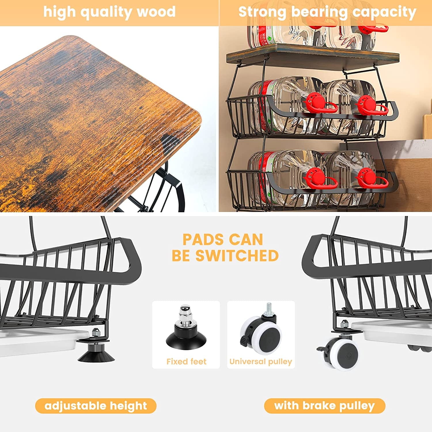 5 Tier Fruit Basket for Kitchen Organizers and Storage, Stackable Metal Wire Basket Stand Cart with Wheels for Fruit Vegetable