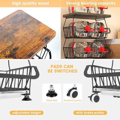 5 Tier Fruit Basket for Kitchen Organizers and Storage, Stackable Metal Wire Basket Stand Cart with Wheels for Fruit Vegetable