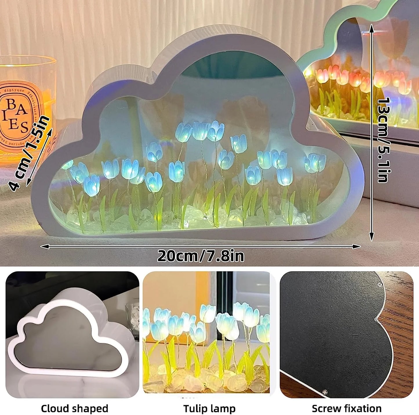 Tulip Lamp Tulip Mirror Night Light,  Tulip Cloud Desk Lamp - LED Living Room Bedside Desktop Ornaments,Night Light for Bedroom (Blue)
