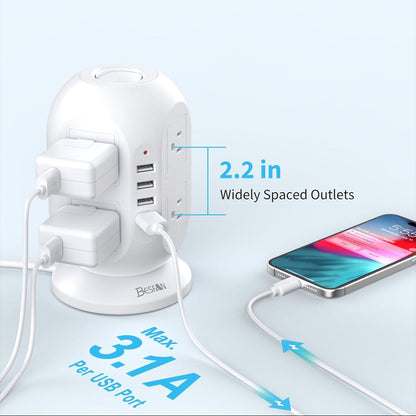 Tower Surge Protector Power Strip,  10 Ft Extension Cord with Multiple Outlets, 1050J Surge Protector, 8 Outlets 4 USB Ports Charging Station for Home Office Supplies Desk Accessories