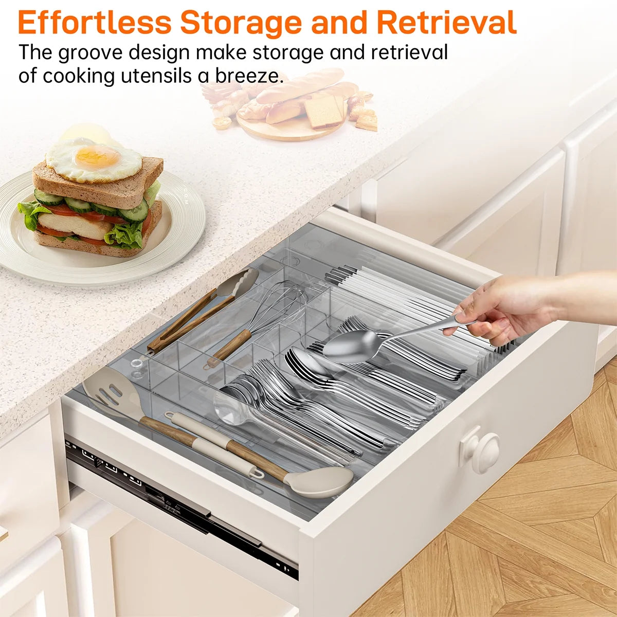 Silverware Drawer Organizer, Expandable Clear Acrylic Silverware Organizer, Kitchen Drawer Organizer for Utensils, Adjustable Cutlery Tray, Office, Supplies-9 Compartments, Large, Clear