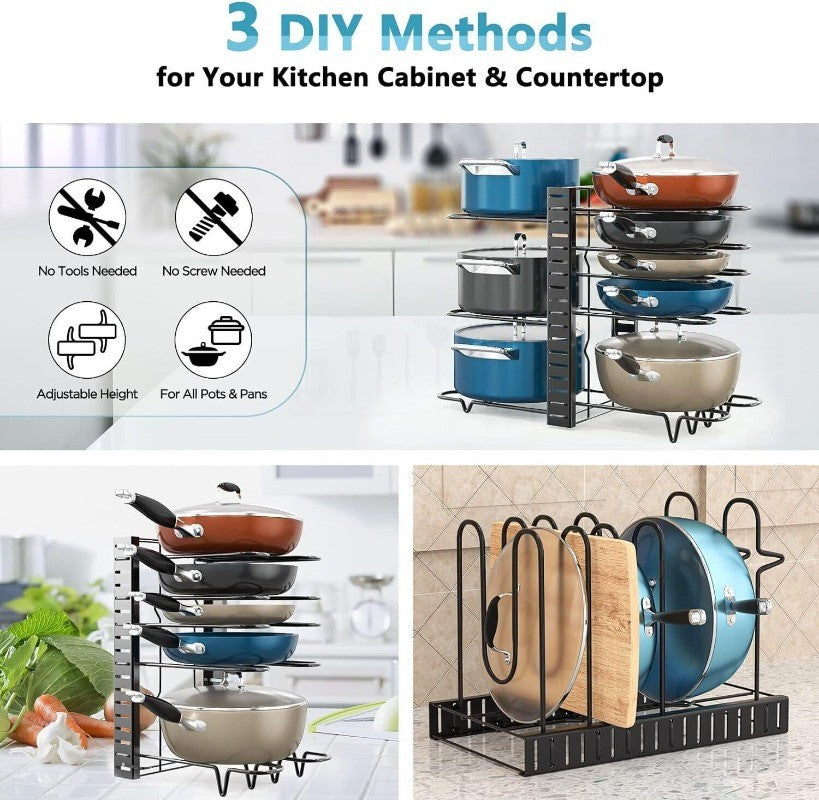 Pots and Pans Organizer for Cabinet 8 Tier Adjustable Pot Rack with 3 DIY Method