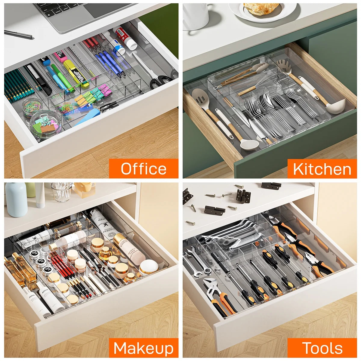 Silverware Drawer Organizer, Expandable Clear Acrylic Silverware Organizer, Kitchen Drawer Organizer for Utensils, Adjustable Cutlery Tray, Office, Supplies-9 Compartments, Large, Clear
