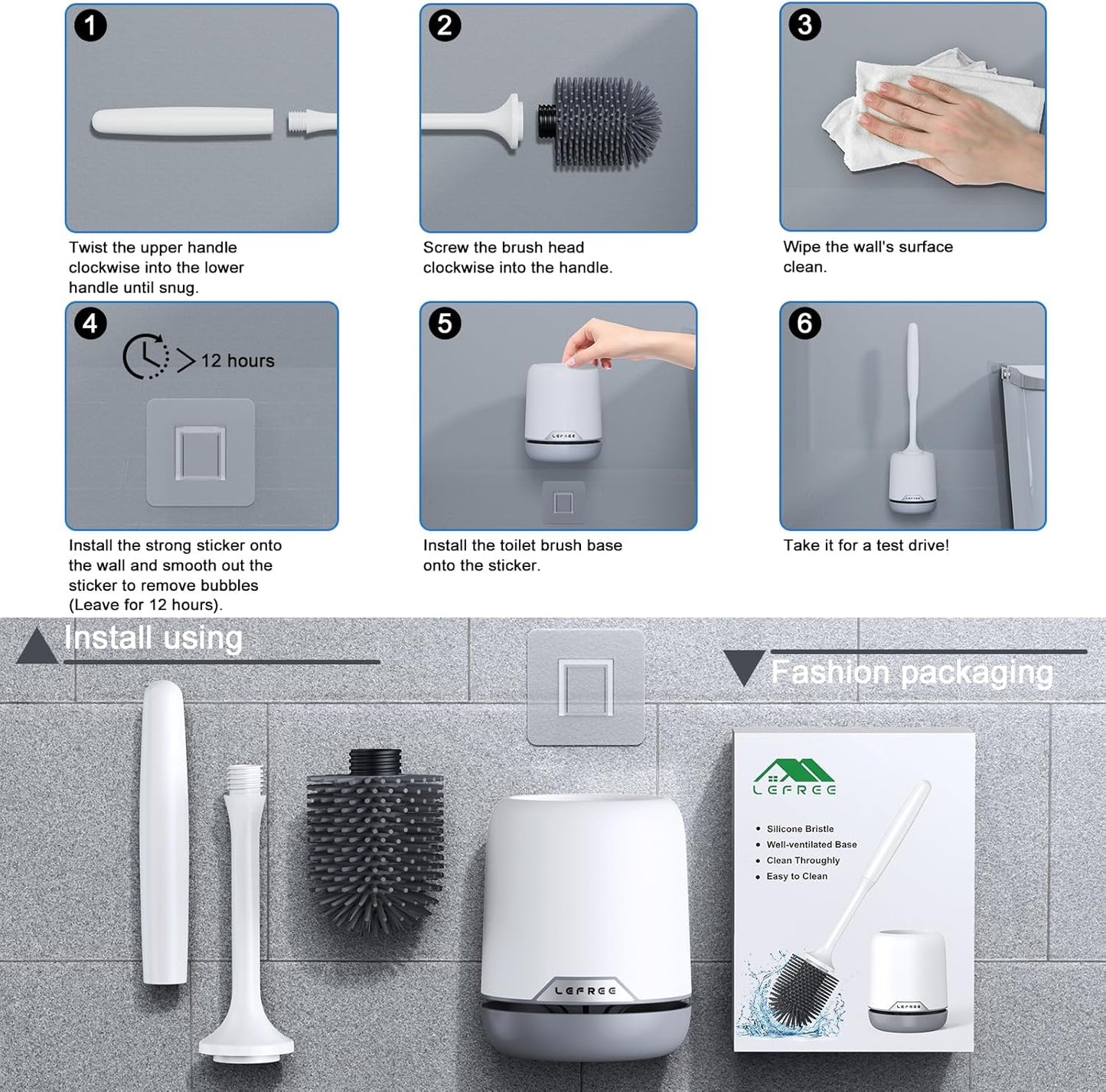 Silicone Toilet Brush and Holder,Bathroom Cleaner Brush Set,Non-Slip Handle Toilet Bowl Brush with TPR Soft Bristle,Wall Mounted/Floor Standing