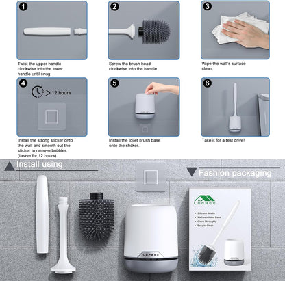 Silicone Toilet Brush and Holder,Bathroom Cleaner Brush Set,Non-Slip Handle Toilet Bowl Brush with TPR Soft Bristle,Wall Mounted/Floor Standing