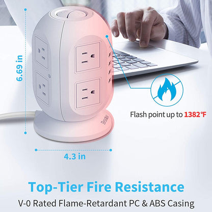 Tower Surge Protector Power Strip,  10 Ft Extension Cord with Multiple Outlets, 1050J Surge Protector, 8 Outlets 4 USB Ports Charging Station for Home Office Supplies Desk Accessories