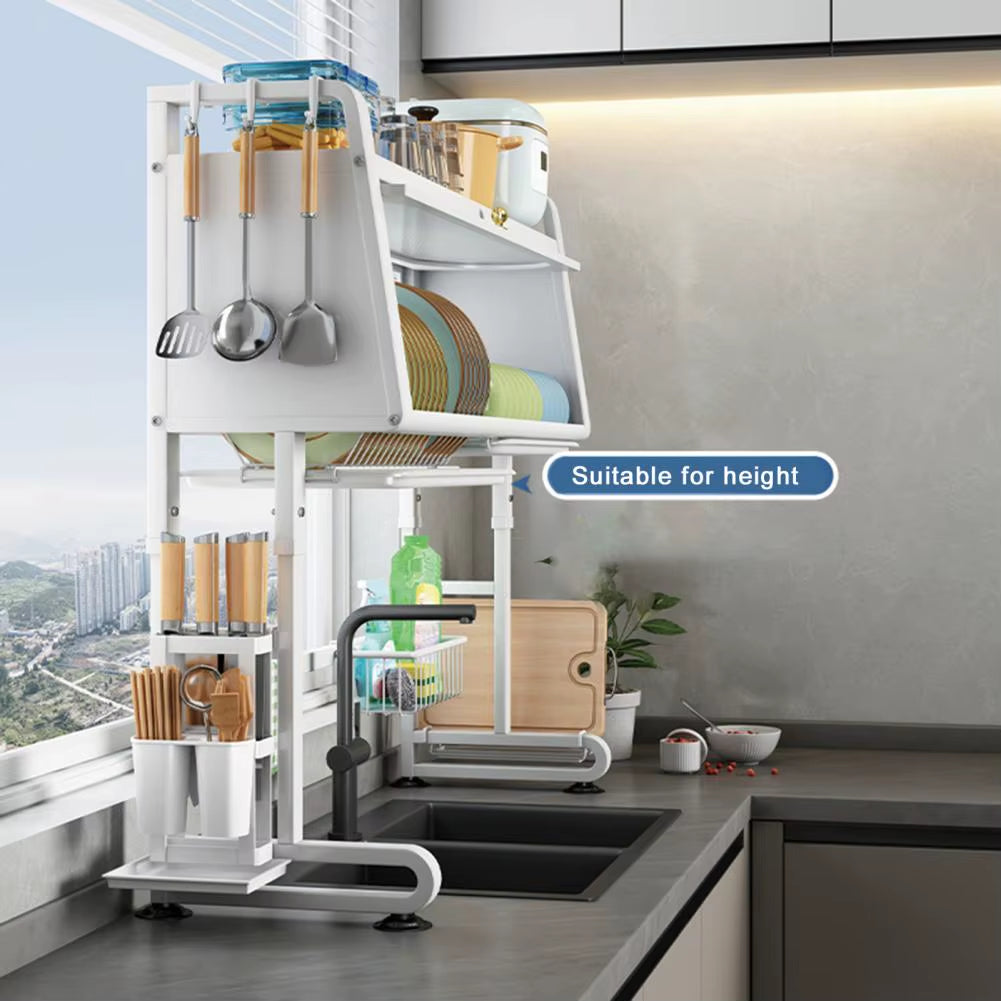 Over Sink Dish Rack Adjustable Height Sink Rack with Tableware Holder Hooks Chopping Board Holder Kitchen Storage for Drying