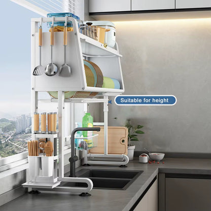 Over Sink Dish Rack Adjustable Height Sink Rack with Tableware Holder Hooks Chopping Board Holder Kitchen Storage for Drying