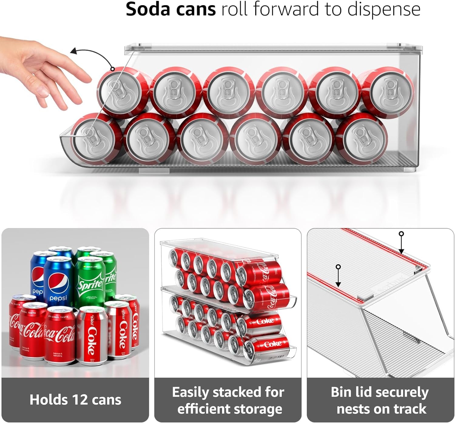 Soda Can Organizer for Refrigerator Stackable Can Holder Dispenser with Lid for Fridge, Pantry, Freezer – Holds 12 Cans Each, Bpa-Free, Clear Design, (2-Pack)
