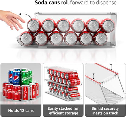 Soda Can Organizer for Refrigerator Stackable Can Holder Dispenser with Lid for Fridge, Pantry, Freezer – Holds 12 Cans Each, Bpa-Free, Clear Design, (2-Pack)