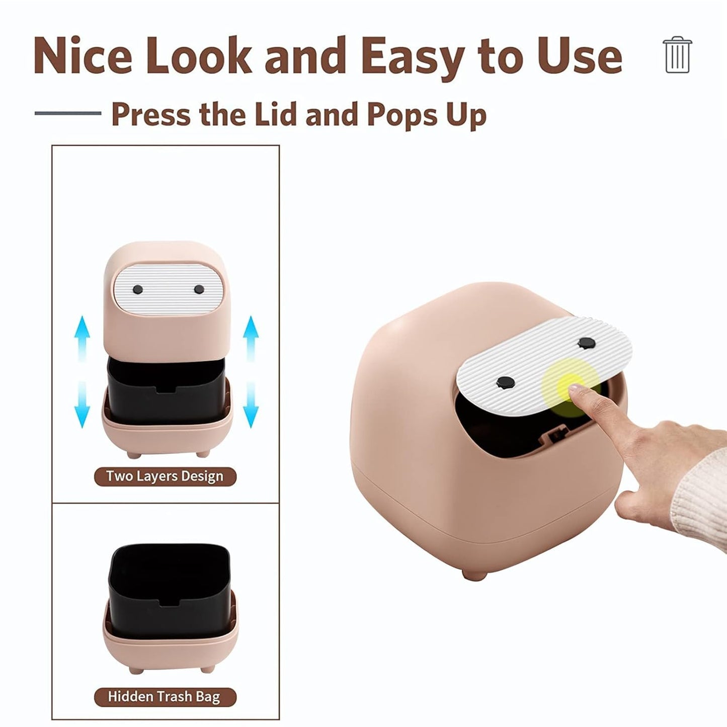 Mini Trash Can with Lid, Cute Ninja Desktop Trash Cans, Small Trash Can Office Plastic Garbage Can for Bathroom Vanity, Desktop, Office or Coffee Table (Pink)