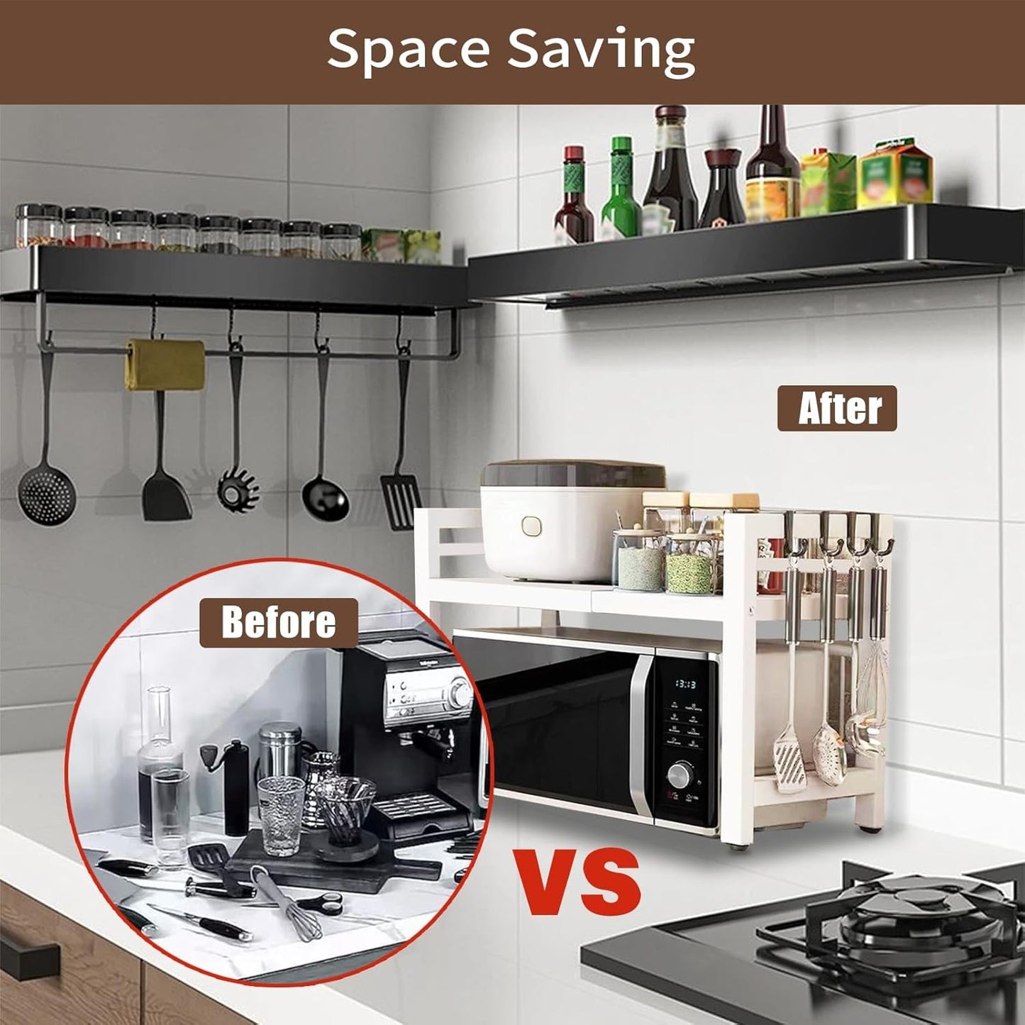 Microwave Oven Rack Expandable Countertop Heavy Duty Microwave Shelf 2-Tier Adju